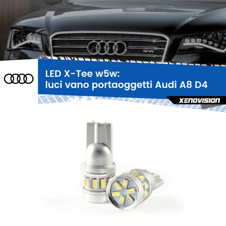 0 Luci Vano Portaoggetti LED per Audi A8 D4 2009 - 2018: W5W X-Tee <strong>LED luci vano portaoggetti per Audi A8</strong> D4 2009 - 2018. Lampade <strong>W5W</strong> modello X-Tee Xenovision top di gamma.
