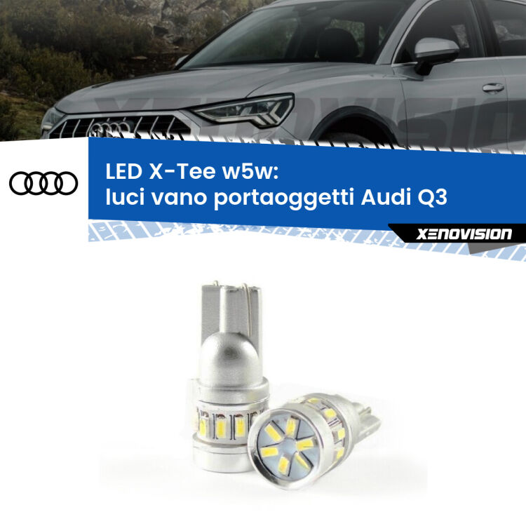 0 Luci Vano Portaoggetti LED per Audi Q3 2011 - 2018: W5W X-Tee <strong>LED luci vano portaoggetti per Audi Q3</strong> 2011 - 2018. Lampade <strong>W5W</strong> modello X-Tee Xenovision top di gamma.