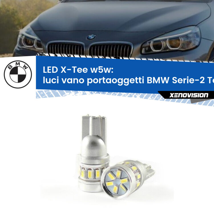0 Luci Vano Portaoggetti LED per BMW Serie-2 Tourer F45, F46 2014 - 2018: W5W X-Tee <strong>LED luci vano portaoggetti per BMW Serie-2 Tourer</strong> F45, F46 2014 - 2018. Lampade <strong>W5W</strong> modello X-Tee Xenovision top di gamma.