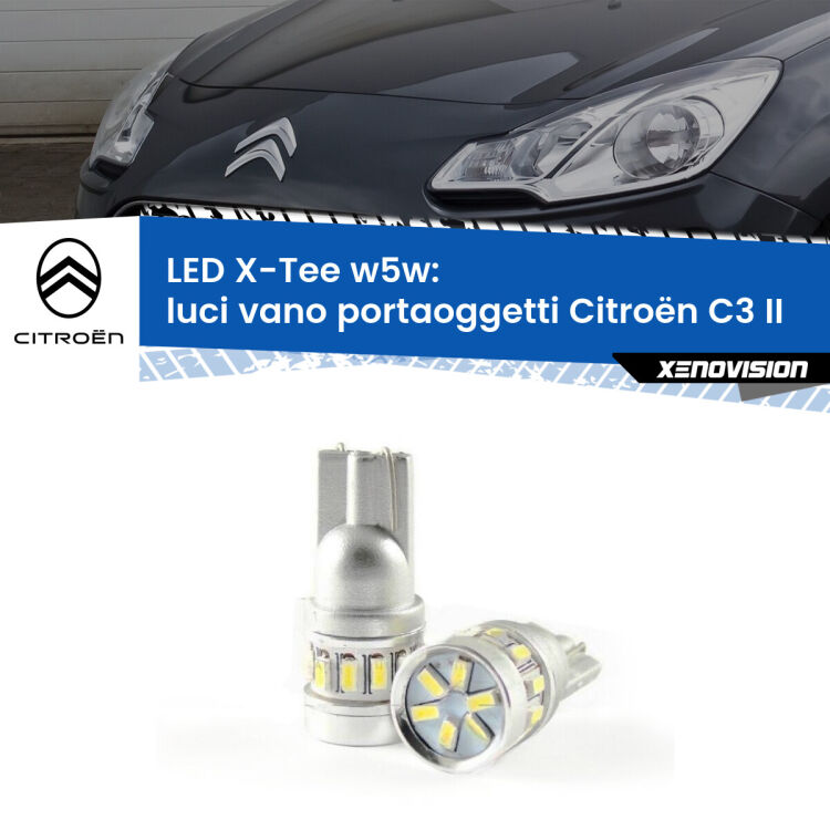 Luci Vano Portaoggetti LED per Citroën C3 II 2009 - 2016: W5W X-Tee <strong>LED luci vano portaoggetti per Citroën C3</strong> II 2009 - 2016. Lampade <strong>W5W</strong> modello X-Tee Xenovision top di gamma.