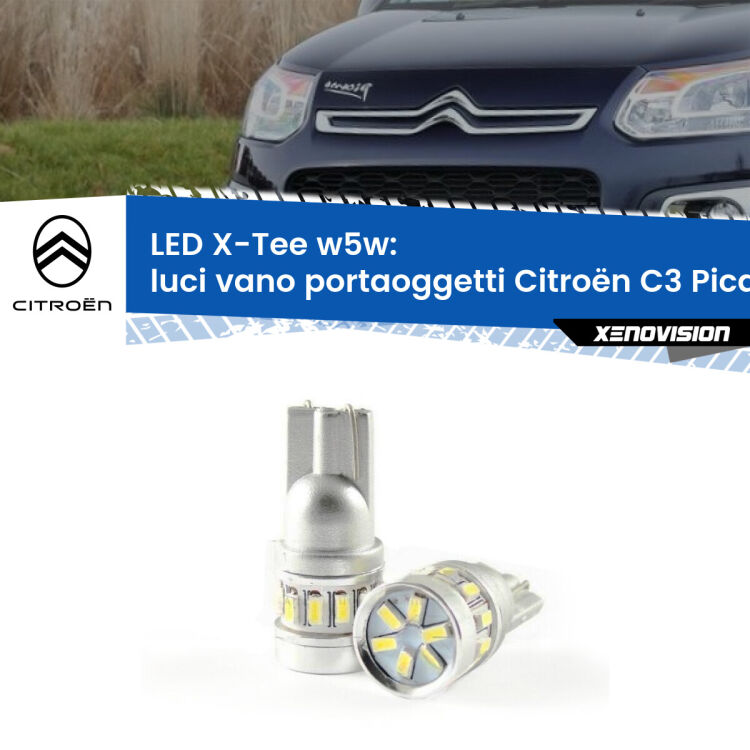 0 Luci Vano Portaoggetti LED per Citroën C3 Picasso 2009 - 2016: W5W X-Tee <strong>LED luci vano portaoggetti per Citroën C3 Picasso</strong> 2009 - 2016. Lampade <strong>W5W</strong> modello X-Tee Xenovision top di gamma.