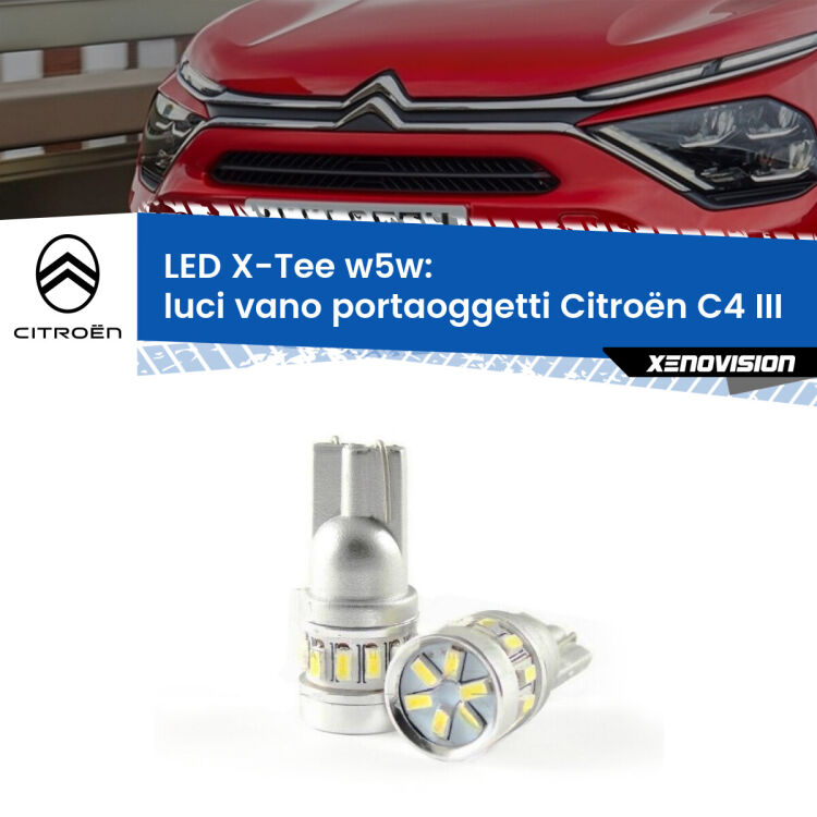 0 Luci Vano Portaoggetti LED per Citroën C4 III 2020 in poi: W5W X-Tee <strong>LED luci vano portaoggetti per Citroën C4</strong> III 2020 in poi. Lampade <strong>W5W</strong> modello X-Tee Xenovision top di gamma.