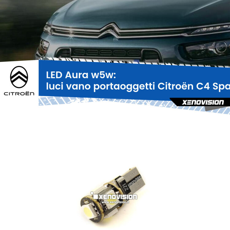 Luci Vano Portaoggetti LED per Citroën C4 Spacetourer  2018 in poi: Aura w5w <strong>LED luci vano portaoggetti w5w per Citroën C4 Spacetourer</strong>  2018 in poi. Una lampadina <strong>w5w</strong> canbus luce bianca 6000k modello Aura Xenovision.