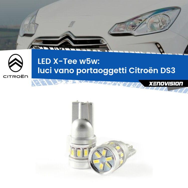 0 Luci Vano Portaoggetti LED per Citroën DS3  2009 - 2015: W5W X-Tee <strong>LED luci vano portaoggetti per Citroën DS3</strong>  2009 - 2015. Lampade <strong>W5W</strong> modello X-Tee Xenovision top di gamma.