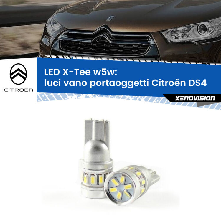 0 Luci Vano Portaoggetti LED per Citroën DS4 2011 - 2015: W5W X-Tee <strong>LED luci vano portaoggetti per Citroën DS4</strong> 2011 - 2015. Lampade <strong>W5W</strong> modello X-Tee Xenovision top di gamma.
