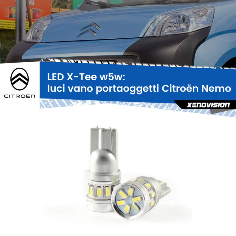 0 Luci Vano Portaoggetti LED per Citroën Nemo 2008 in poi: W5W X-Tee <strong>LED luci vano portaoggetti per Citroën Nemo</strong> 2008 in poi. Lampade <strong>W5W</strong> modello X-Tee Xenovision top di gamma.