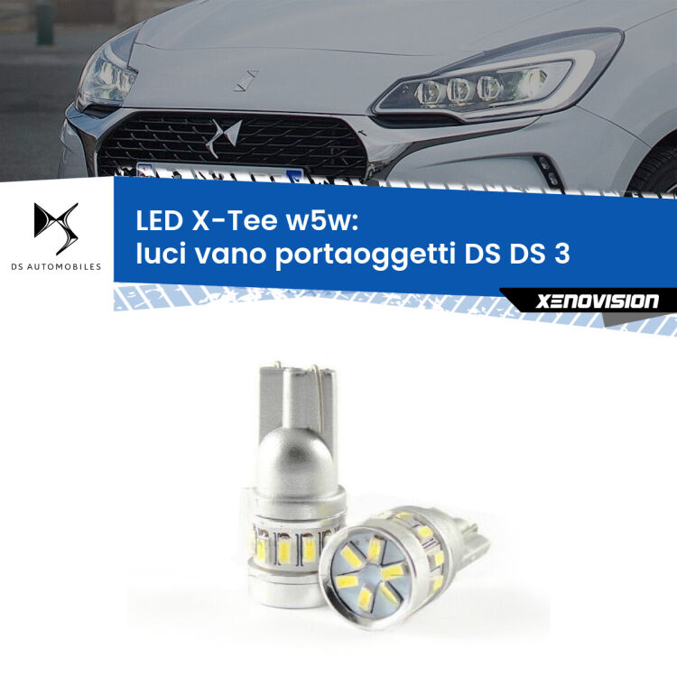 0 Luci Vano Portaoggetti LED per DS DS 3 2015 in poi: W5W X-Tee <strong>LED luci vano portaoggetti per DS DS 3</strong> 2015 in poi. Lampade <strong>W5W</strong> modello X-Tee Xenovision top di gamma.