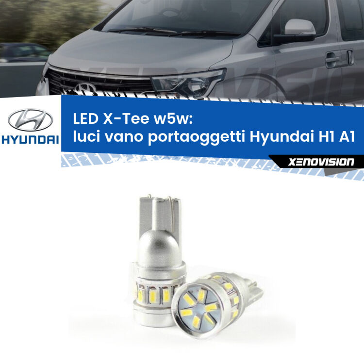 Luci Vano Portaoggetti LED per Hyundai H1 A1 1997 - 2008: W5W X-Tee <strong>LED luci vano portaoggetti per Hyundai H1</strong> A1 1997 - 2008. Lampade <strong>W5W</strong> modello X-Tee Xenovision top di gamma.
