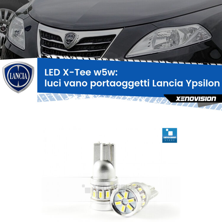 <strong>LED luci vano portaoggetti per Lancia Ypsilon</strong> 312 2011 in poi. Lampade <strong>W5W</strong> modello X-Tee Xenovision top di gamma.