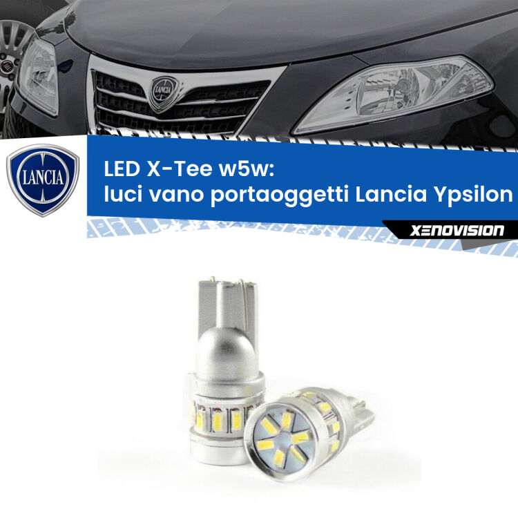 Luci Vano Portaoggetti LED per Lancia Ypsilon II 312 2011 in poi: W5W X-Tee <strong>LED luci vano portaoggetti per Lancia Ypsilon</strong> II 312 2011 in poi. Lampade <strong>W5W</strong> modello X-Tee Xenovision top di gamma.