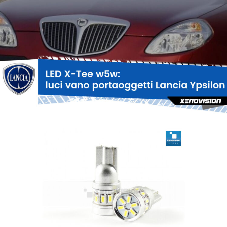 <strong>LED luci vano portaoggetti per Lancia Ypsilon</strong> 843 2003 - 2011. Lampade <strong>W5W</strong> modello X-Tee Xenovision top di gamma.