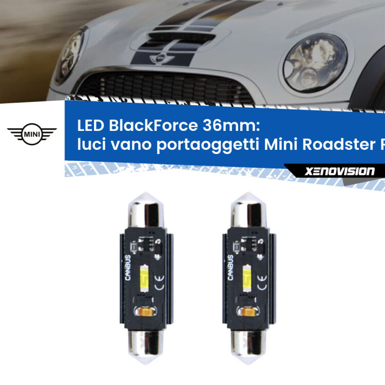 0 Luci Vano Portaoggetti LED per Mini Roadster R59 2012 - 2015: C5W BlackForce 36mm (Coppia) <strong>Luci Vano Portaoggetti LED per Mini Roadster</strong> R59 2012 - 2015. Coppia lampade <strong>C5W</strong> 36mm modello BlackForce canbus.