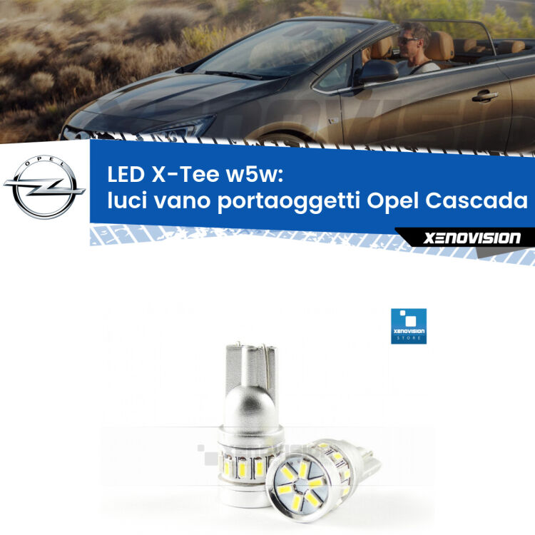 <strong>LED luci vano portaoggetti per Opel Cascada</strong>  2013 - 2019. Lampade <strong>W5W</strong> modello X-Tee Xenovision top di gamma.