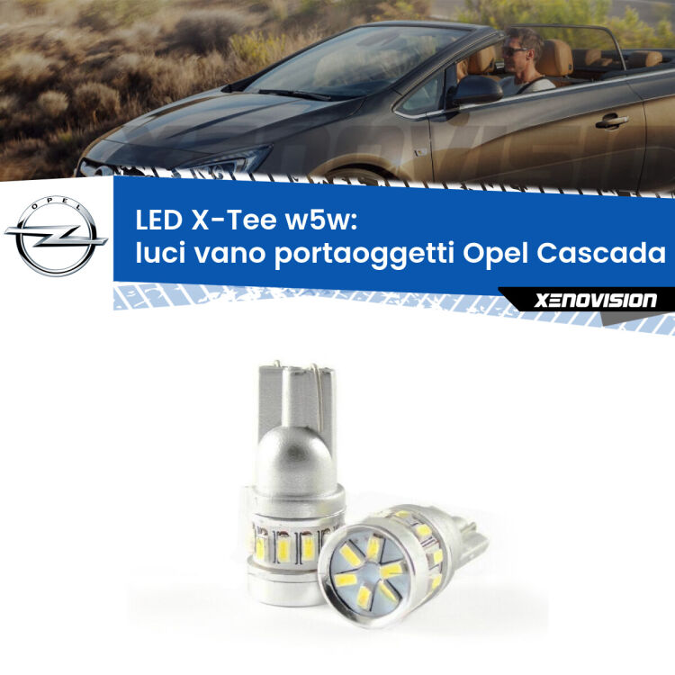 Luci Vano Portaoggetti LED per Opel Cascada  2013 - 2019: W5W X-Tee <strong>LED luci vano portaoggetti per Opel Cascada</strong>  2013 - 2019. Lampade <strong>W5W</strong> modello X-Tee Xenovision top di gamma.