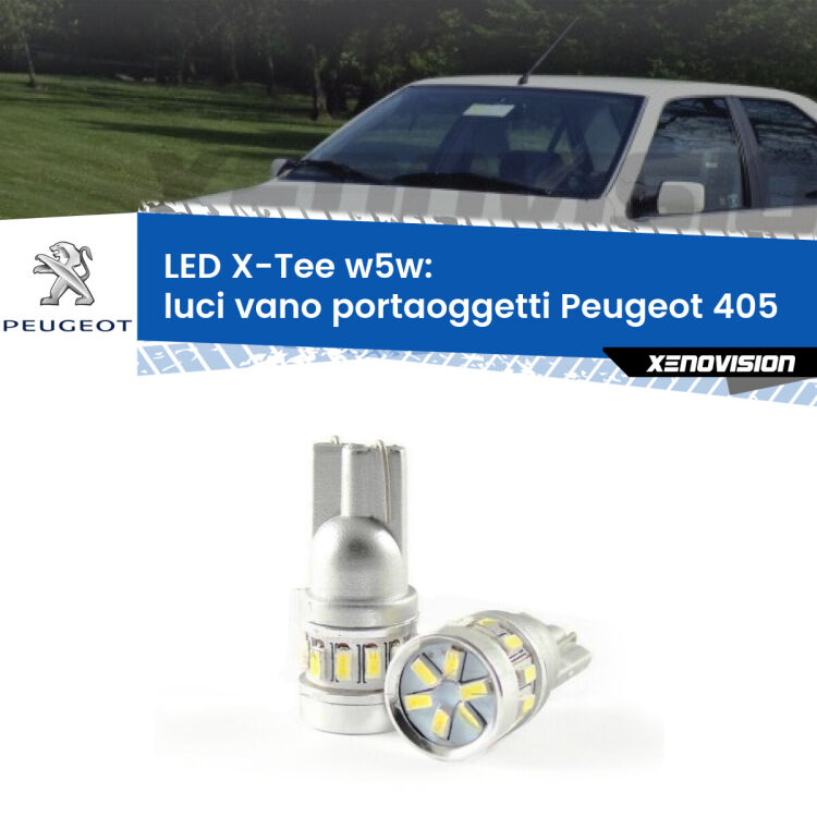 0 Luci Vano Portaoggetti LED per Peugeot 405 1987 - 1997: W5W X-Tee <strong>LED luci vano portaoggetti per Peugeot 405</strong> 1987 - 1997. Lampade <strong>W5W</strong> modello X-Tee Xenovision top di gamma.
