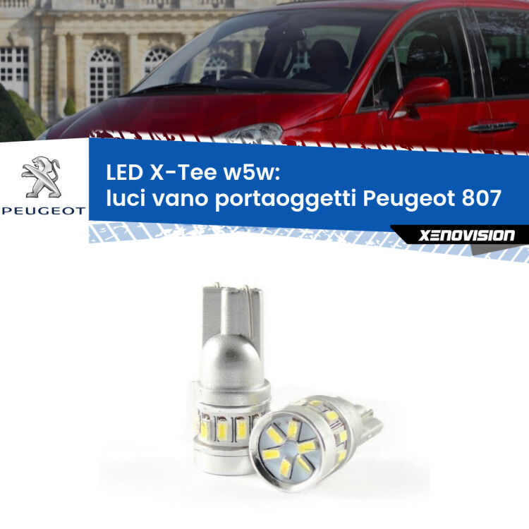 0 Luci Vano Portaoggetti LED per Peugeot 807 2002 - 2010: W5W X-Tee <strong>LED luci vano portaoggetti per Peugeot 807</strong> 2002 - 2010. Lampade <strong>W5W</strong> modello X-Tee Xenovision top di gamma.