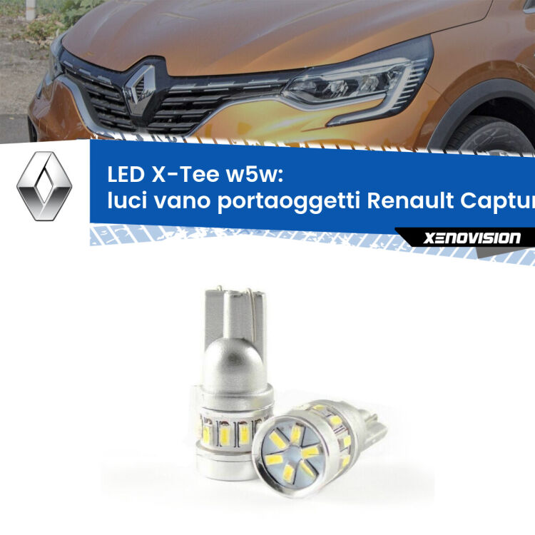Luci Vano Portaoggetti LED per Renault Captur II JB/JE 2019 in poi: W5W X-Tee <strong>LED luci vano portaoggetti per Renault Captur II</strong> JB/JE 2019 in poi. Lampade <strong>W5W</strong> modello X-Tee Xenovision top di gamma.