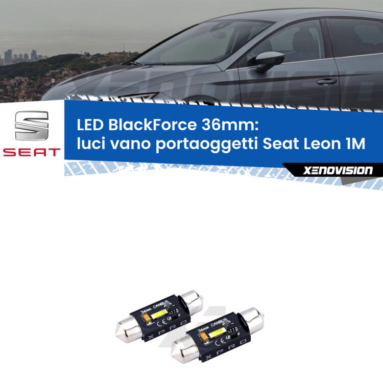 <strong>LED luci vano portaoggetti 36mm per Seat Leon</strong> 1M 1999 - 2006. Coppia lampadine <strong>C5W</strong>modello BlackForce Xenovision.