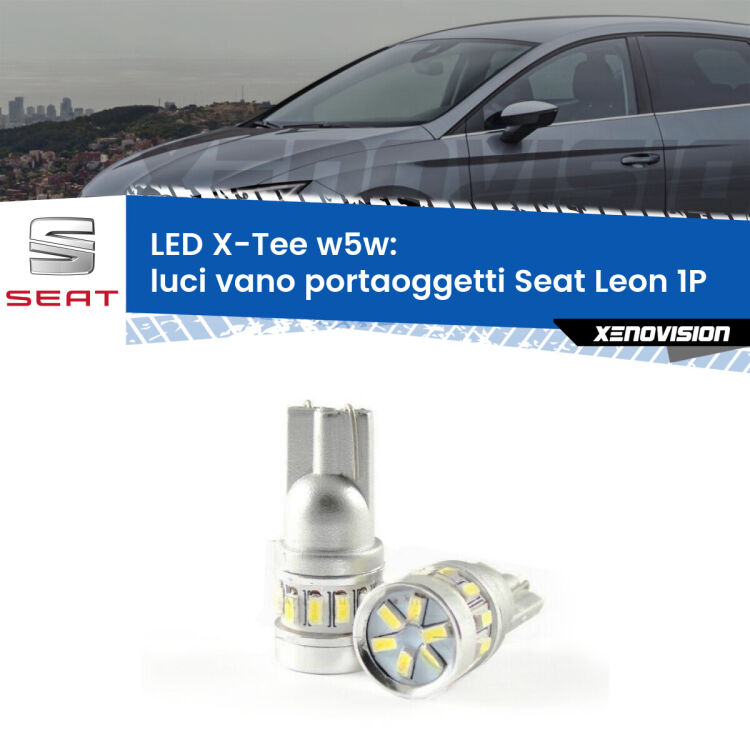 Luci Vano Portaoggetti LED per Seat Leon 1P 2005 - 2012: W5W X-Tee <strong>LED luci vano portaoggetti per Seat Leon</strong> 1P 2005 - 2012. Lampade <strong>W5W</strong> modello X-Tee Xenovision top di gamma.