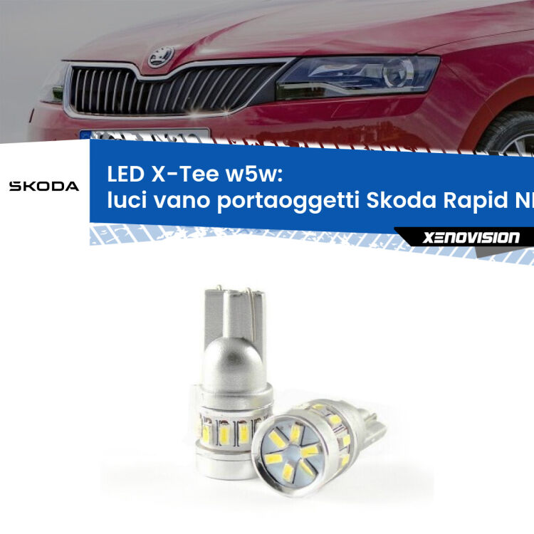 0 Luci Vano Portaoggetti LED per Skoda Rapid NH3 2012 - 2021: W5W X-Tee <strong>LED luci vano portaoggetti per Skoda Rapid</strong> NH3 2012 - 2021. Lampade <strong>W5W</strong> modello X-Tee Xenovision top di gamma.