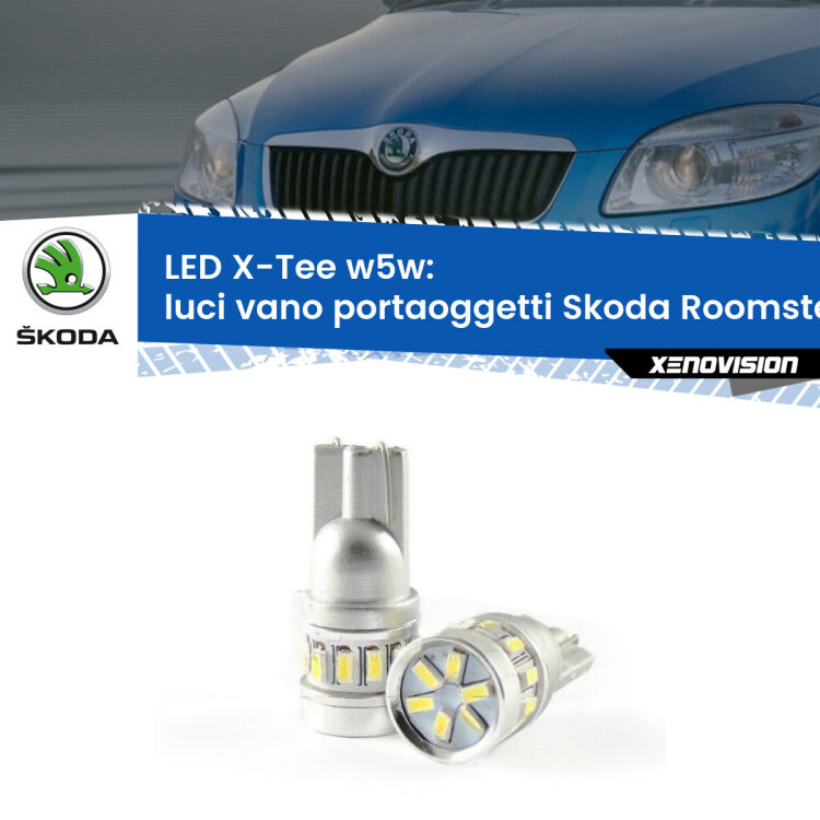 0 Luci Vano Portaoggetti LED per Skoda Roomster 5J 2006 - 2015: W5W X-Tee <strong>LED luci vano portaoggetti per Skoda Roomster</strong> 5J 2006 - 2015. Lampade <strong>W5W</strong> modello X-Tee Xenovision top di gamma.
