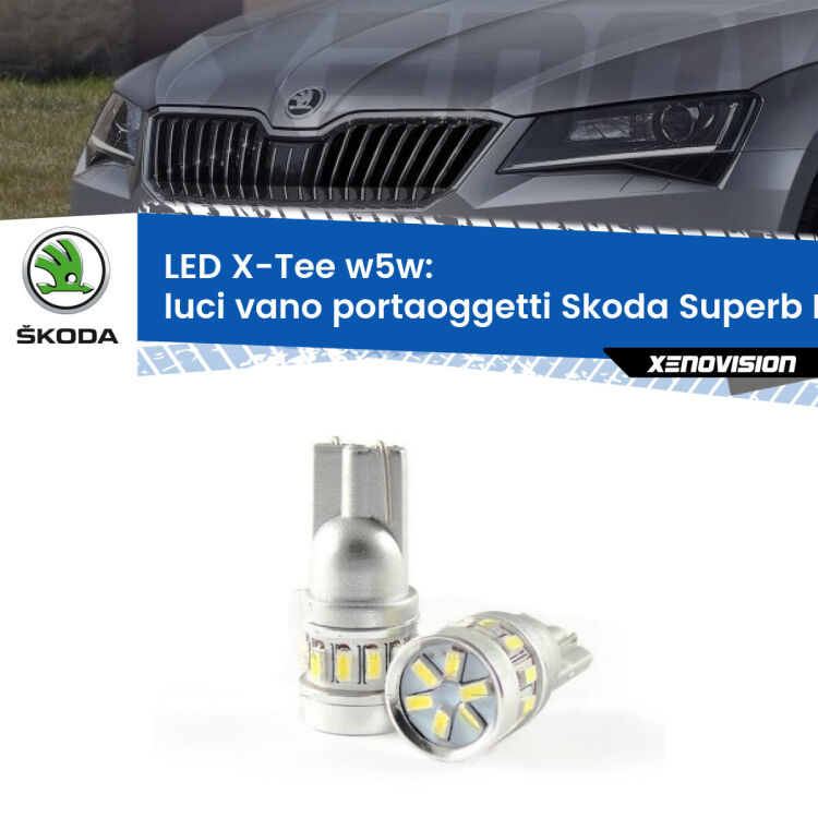 0 Luci Vano Portaoggetti LED per Skoda Superb III B8 2015 in poi: W5W X-Tee <strong>LED luci vano portaoggetti per Skoda Superb III</strong> B8 2015 in poi. Lampade <strong>W5W</strong> modello X-Tee Xenovision top di gamma.
