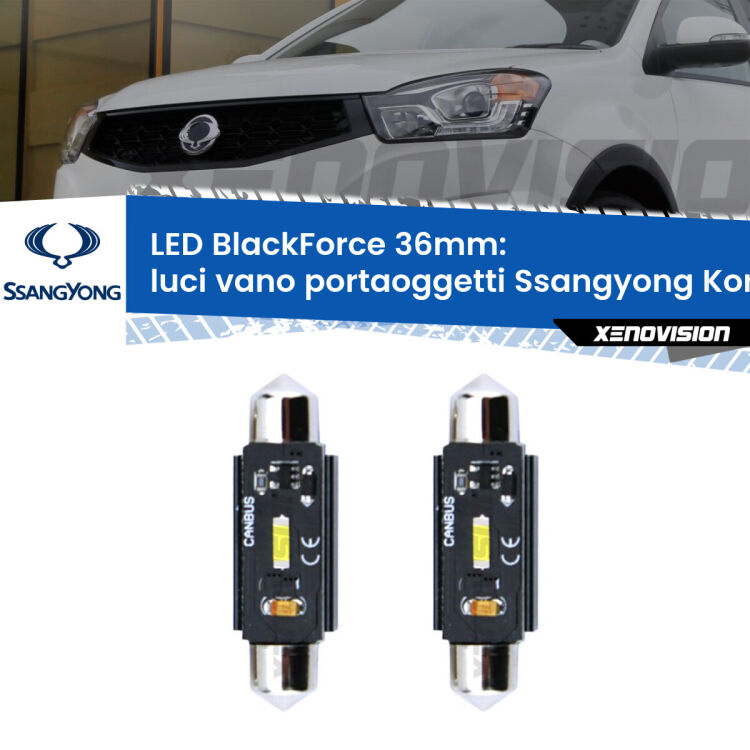 0 Luci Vano Portaoggetti LED per Ssangyong Korando Mk3 2010 - 2019: C5W BlackForce 36mm (Coppia) <strong>Luci Vano Portaoggetti LED per Ssangyong Korando</strong> Mk3 2010 - 2019. Coppia lampade <strong>C5W</strong> 36mm modello BlackForce canbus.