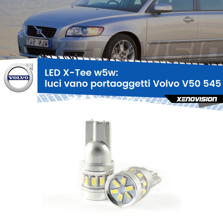 0 Luci Vano Portaoggetti LED per Volvo V50 545 2003 - 2012: W5W X-Tee <strong>LED luci vano portaoggetti per Volvo V50</strong> 545 2003 - 2012. Lampade <strong>W5W</strong> modello X-Tee Xenovision top di gamma.