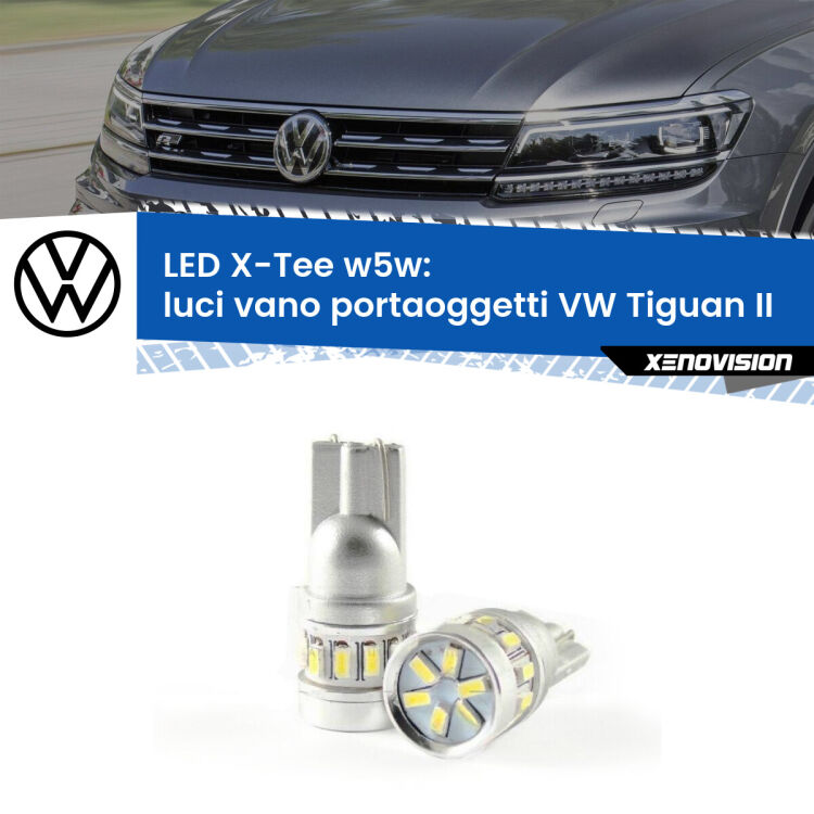 0 Luci Vano Portaoggetti LED per VW Tiguan II 2016 in poi: W5W X-Tee <strong>LED luci vano portaoggetti per VW Tiguan</strong> II 2016 in poi. Lampade <strong>W5W</strong> modello X-Tee Xenovision top di gamma.