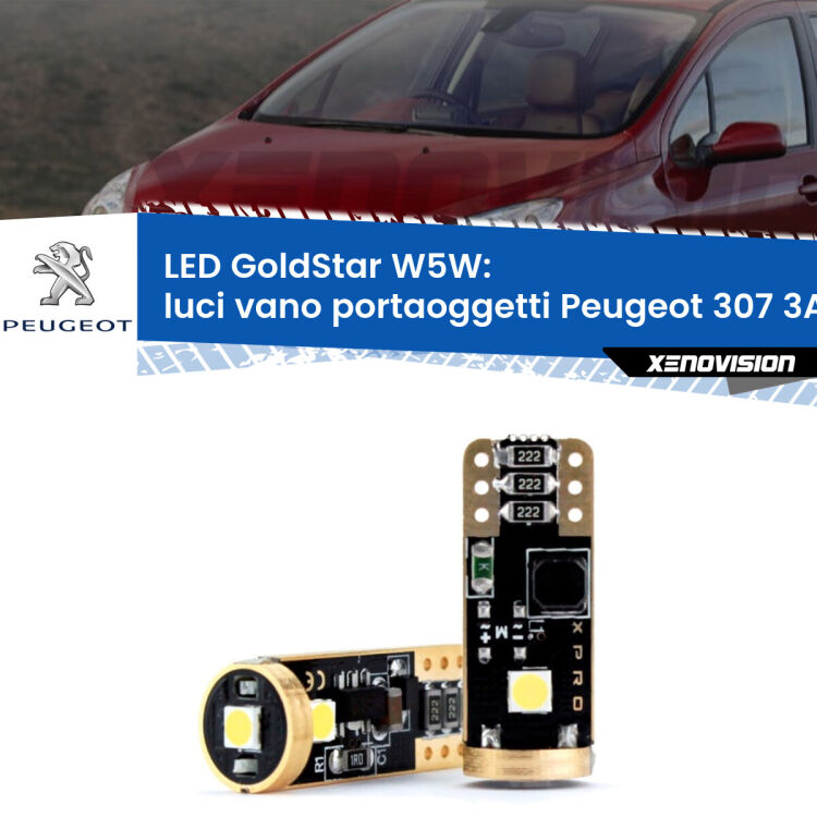 0 Luci Vano Portaoggetti LED Peugeot 307 3A/C 2000 - 2009: T10 GoldStar <strong>Luci Vano Portaoggetti LED Peugeot 307</strong> 3A/C 2000 - 2009: ottima luminosità a 360 gradi. Si inseriscono ovunque. Canbus, Top Quality.
