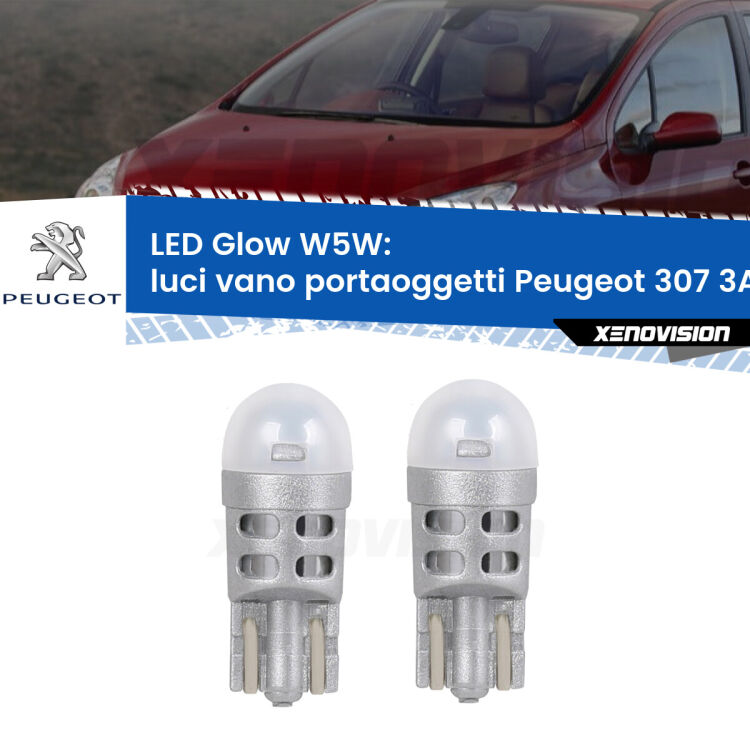 Luci Vano Portaoggetti LED Peugeot 307 3A/C 2000 - 2009: W5W Glow a Luce Calda <strong>Luci Vano Portaoggetti LED luce calda per Peugeot 307</strong> 3A/C 2000 - 2009. Coppia lampade <strong>W5W</strong> modello Glow di Xenovision.