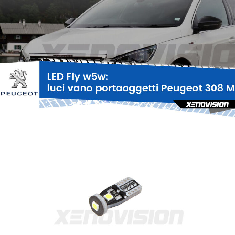 <strong>luci vano portaoggetti LED per Peugeot 308</strong> Mk1 2007 - 2012. Coppia lampadine <strong>w5w</strong> Canbus compatte modello Fly Xenovision.