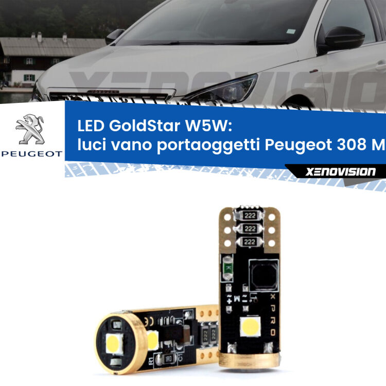 Luci Vano Portaoggetti LED Peugeot 308 Mk2 2013 - 2019: T10 GoldStar <strong>Luci Vano Portaoggetti LED Peugeot 308</strong> Mk2 2013 - 2019: ottima luminosità a 360 gradi. Si inseriscono ovunque. Canbus, Top Quality.
