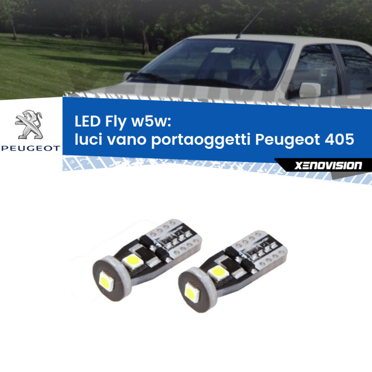 0 Luci Vano Portaoggetti LED Peugeot 405 1987 - 1997: W5W Fly <strong>luci vano portaoggetti LED per Peugeot 405</strong> 1987 - 1997. Coppia lampadine <strong>w5w</strong> Canbus compatte modello Fly Xenovision.