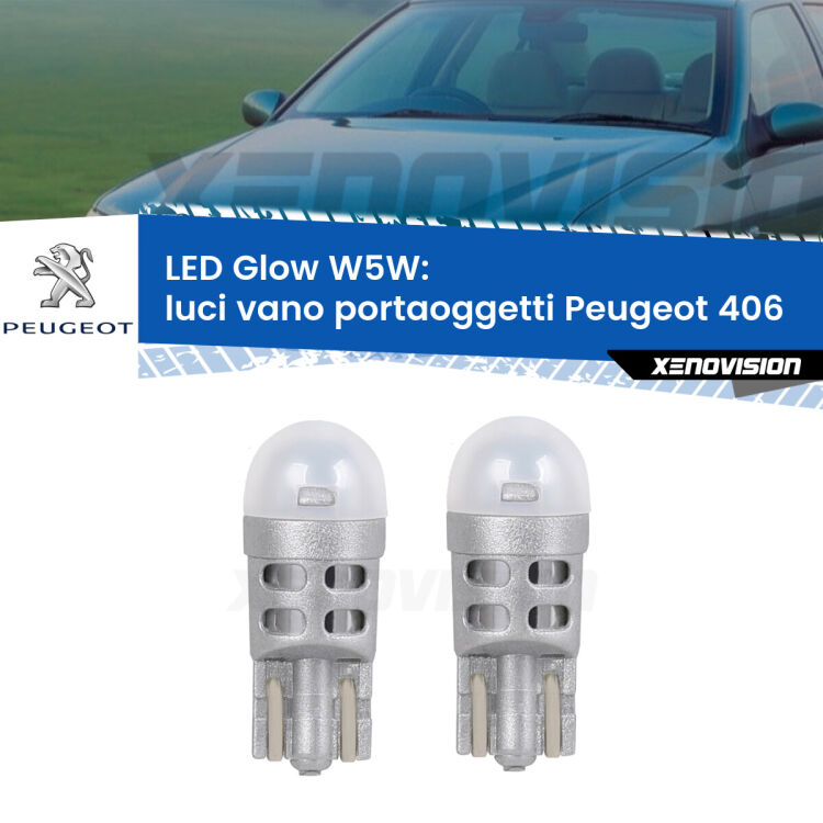 0 Luci Vano Portaoggetti LED Peugeot 406 1995 - 2004: W5W Glow a Luce Calda <strong>Luci Vano Portaoggetti LED luce calda per Peugeot 406</strong> 1995 - 2004. Coppia lampade <strong>W5W</strong> modello Glow di Xenovision.