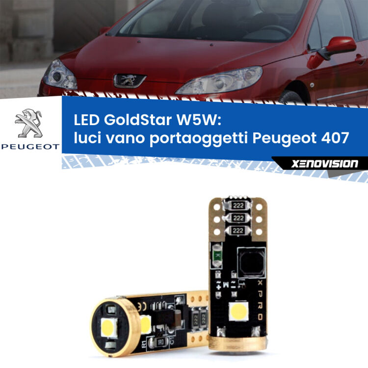 0 Luci Vano Portaoggetti LED Peugeot 407 2004 - 2011: T10 GoldStar <strong>Luci Vano Portaoggetti LED Peugeot 407</strong> 2004 - 2011: ottima luminosità a 360 gradi. Si inseriscono ovunque. Canbus, Top Quality.