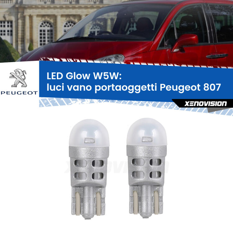 0 Luci Vano Portaoggetti LED Peugeot 807 2002 - 2010: W5W Glow a Luce Calda <strong>Luci Vano Portaoggetti LED luce calda per Peugeot 807</strong> 2002 - 2010. Coppia lampade <strong>W5W</strong> modello Glow di Xenovision.