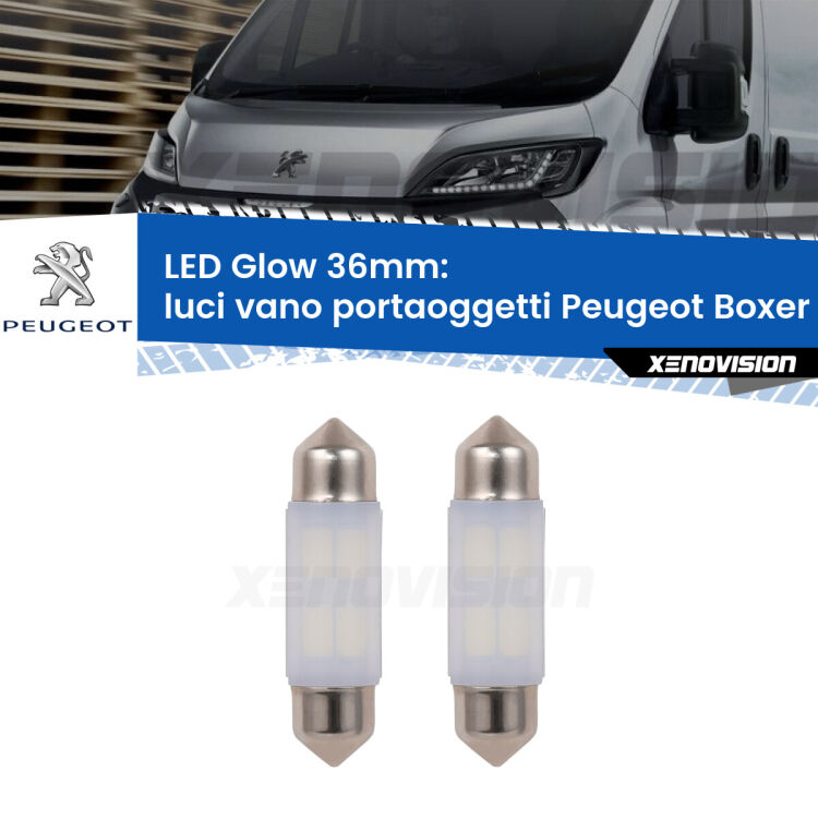 0 Luci Vano Portaoggetti LED Peugeot Boxer Mk1 1994 - 2002: C5W Glow a Luce Calda (Coppia) <strong>Luci Vano Portaoggetti LED luce calda per Peugeot Boxer</strong> Mk1 1994 - 2002. Coppia lampade <strong>C5W</strong> 36mm modello Glow di Xenovision.