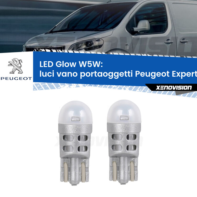 Luci Vano Portaoggetti LED Peugeot Expert Mk3 2016 in poi: W5W Glow a Luce Calda <strong>Luci Vano Portaoggetti LED luce calda per Peugeot Expert</strong> Mk3 2016 in poi. Coppia lampade <strong>W5W</strong> modello Glow di Xenovision.
