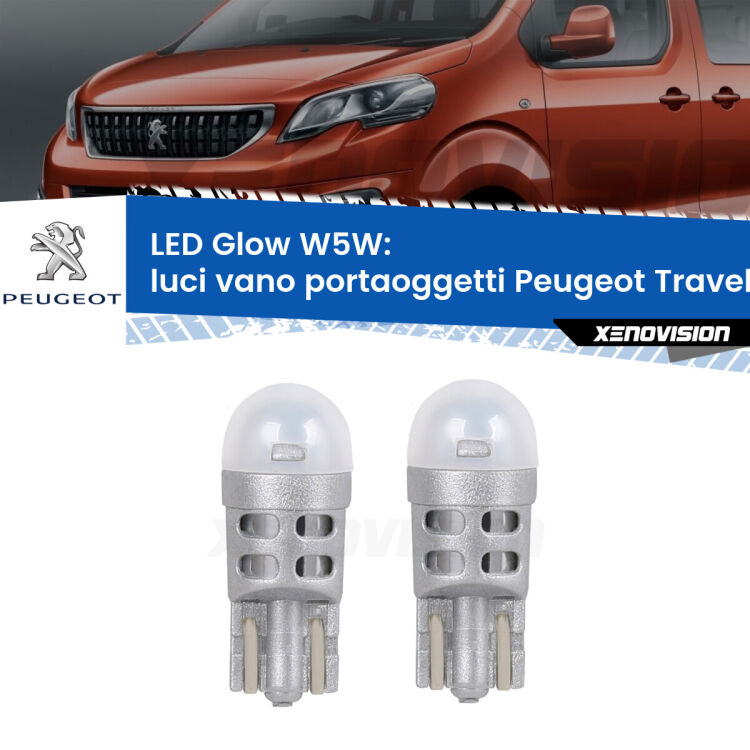 Luci Vano Portaoggetti LED Peugeot Traveller 2016 in poi: W5W Glow a Luce Calda <strong>Luci Vano Portaoggetti LED luce calda per Peugeot Traveller</strong> 2016 in poi. Coppia lampade <strong>W5W</strong> modello Glow di Xenovision.