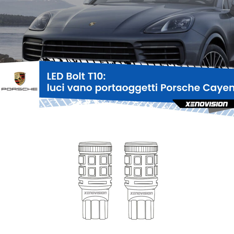 Luci Vano Portaoggetti LED Porsche Cayenne 9PA 2002 - 2010: T10 Bolt <strong>Luci Vano Portaoggetti LED per Porsche Cayenne</strong> 9PA 2002 - 2010. Coppia lampade <strong>T10</strong> modello Bolt canbus.