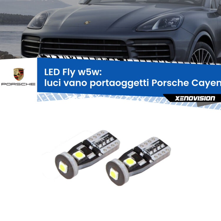 Luci Vano Portaoggetti LED Porsche Cayenne 9PA 2002 - 2010: W5W Fly <strong>luci vano portaoggetti LED per Porsche Cayenne</strong> 9PA 2002 - 2010. Coppia lampadine <strong>w5w</strong> Canbus compatte modello Fly Xenovision.