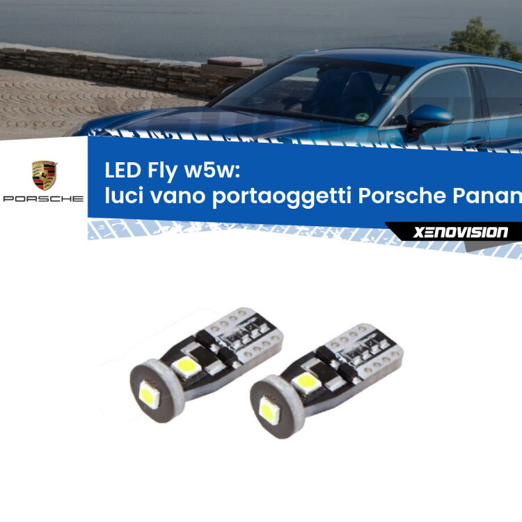 Luci Vano Portaoggetti LED Porsche Panamera 970 2009 - 2016: W5W Fly <strong>luci vano portaoggetti LED per Porsche Panamera</strong> 970 2009 - 2016. Coppia lampadine <strong>w5w</strong> Canbus compatte modello Fly Xenovision.