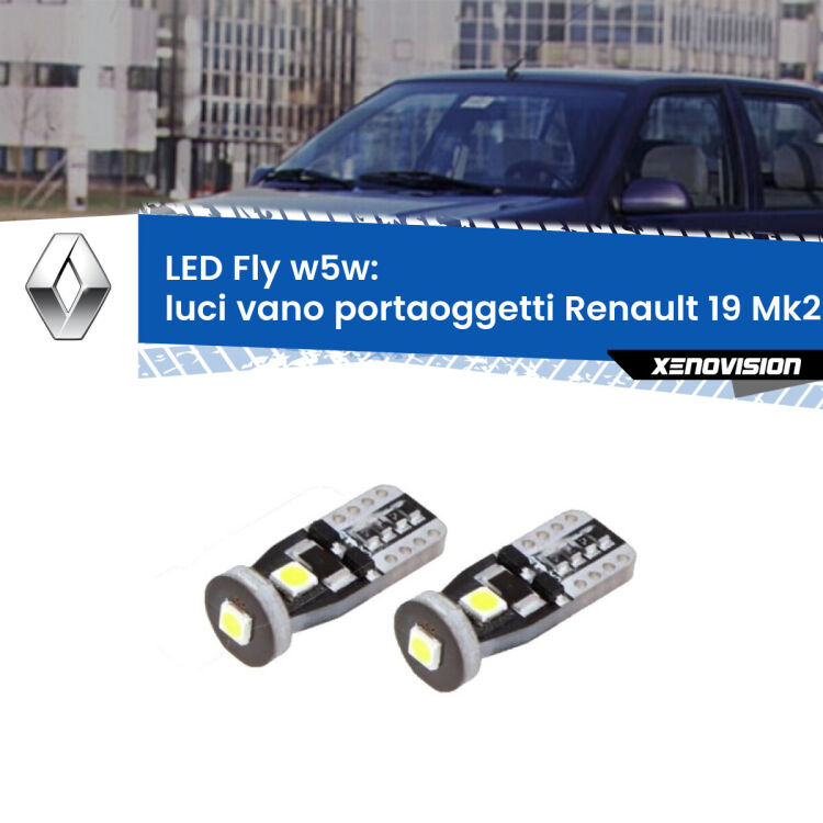 0 Luci Vano Portaoggetti LED Renault 19 Mk2 1992 - 1995: W5W Fly <strong>luci vano portaoggetti LED per Renault 19</strong> Mk2 1992 - 1995. Coppia lampadine <strong>w5w</strong> Canbus compatte modello Fly Xenovision.