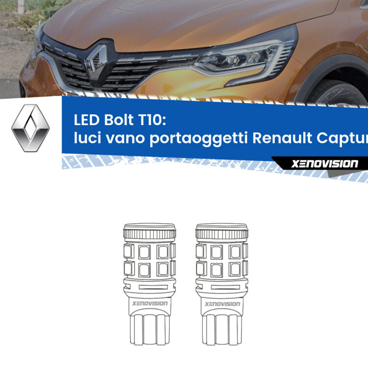 Luci Vano Portaoggetti LED Renault Captur II JB/JE 2019 in poi: T10 Bolt <strong>Luci Vano Portaoggetti LED per Renault Captur II</strong> JB/JE 2019 in poi. Coppia lampade <strong>T10</strong> modello Bolt canbus.