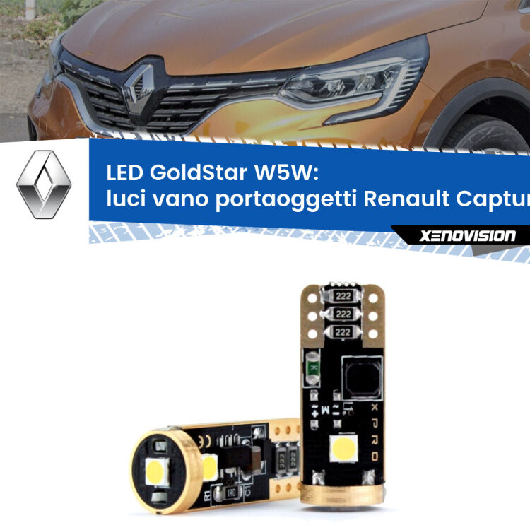 Luci Vano Portaoggetti LED Renault Captur II JB/JE 2019 in poi: T10 GoldStar <strong>Luci Vano Portaoggetti LED Renault Captur II</strong> JB/JE 2019 in poi: ottima luminosità a 360 gradi. Si inseriscono ovunque. Canbus, Top Quality.