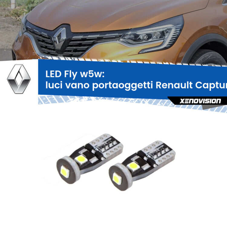 Luci Vano Portaoggetti LED Renault Captur II JB/JE 2019 in poi: W5W Fly <strong>luci vano portaoggetti LED per Renault Captur II</strong> JB/JE 2019 in poi. Coppia lampadine <strong>w5w</strong> Canbus compatte modello Fly Xenovision.