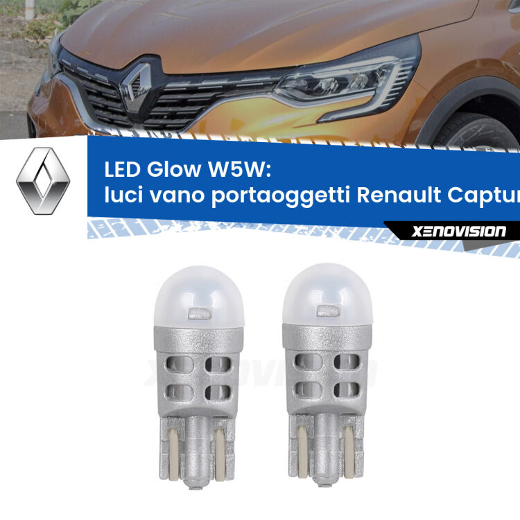 Luci Vano Portaoggetti LED Renault Captur II JB/JE 2019 in poi: W5W Glow a Luce Calda <strong>Luci Vano Portaoggetti LED luce calda per Renault Captur II</strong> JB/JE 2019 in poi. Coppia lampade <strong>W5W</strong> modello Glow di Xenovision.