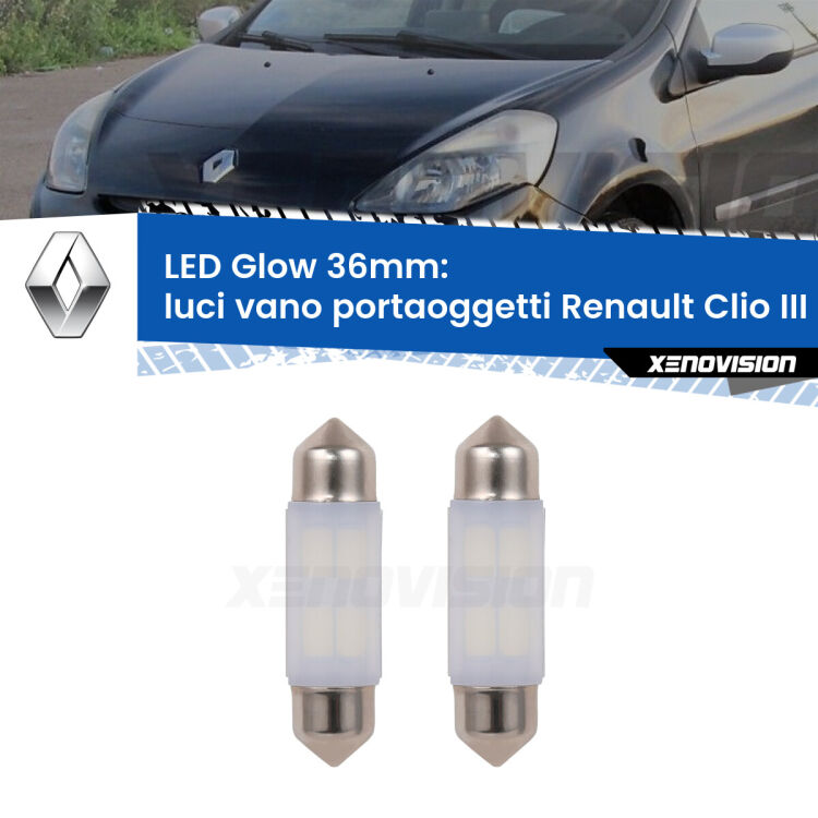 Luci Vano Portaoggetti LED Renault Clio III  2005 - 2011: C5W Glow a Luce Calda (Coppia) <strong>Luci Vano Portaoggetti LED luce calda per Renault Clio III</strong>  2005 - 2011. Coppia lampade <strong>C5W</strong> 36mm modello Glow di Xenovision.