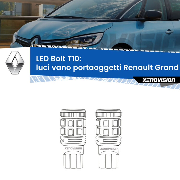 Luci Vano Portaoggetti LED Renault Grand scenic IV Mk4 2016 - 2022: T10 Bolt <strong>Luci Vano Portaoggetti LED per Renault Grand scenic IV</strong> Mk4 2016 - 2022. Coppia lampade <strong>T10</strong> modello Bolt canbus.